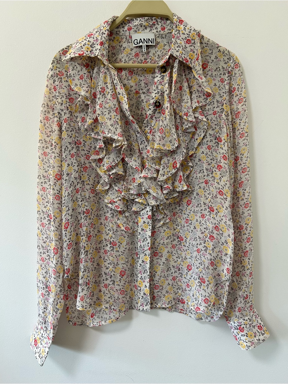 Ganni Cream Floral Ruffle Button-Front Blouse size 32 small